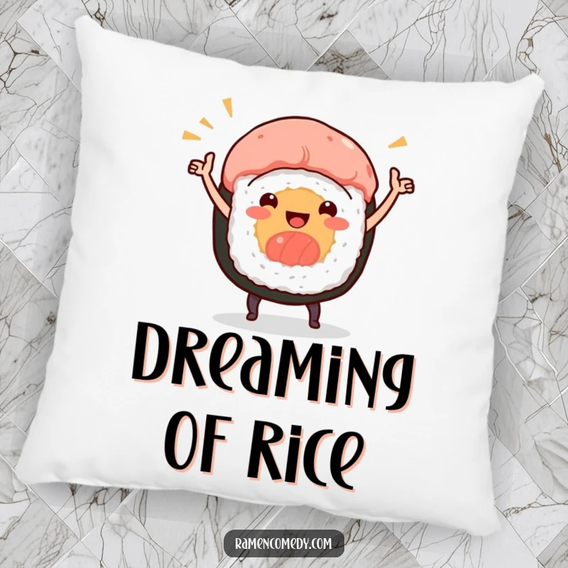 Funny pillow featuring a smiling sushi roll character in the midst of a happy dance, perfect for adding comfort and cheer.
