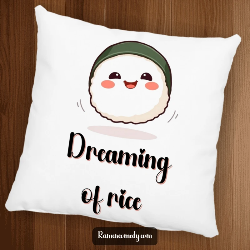 Funny smiling sushi piece spinning playfully, soft and decorative cartoon food pillow.