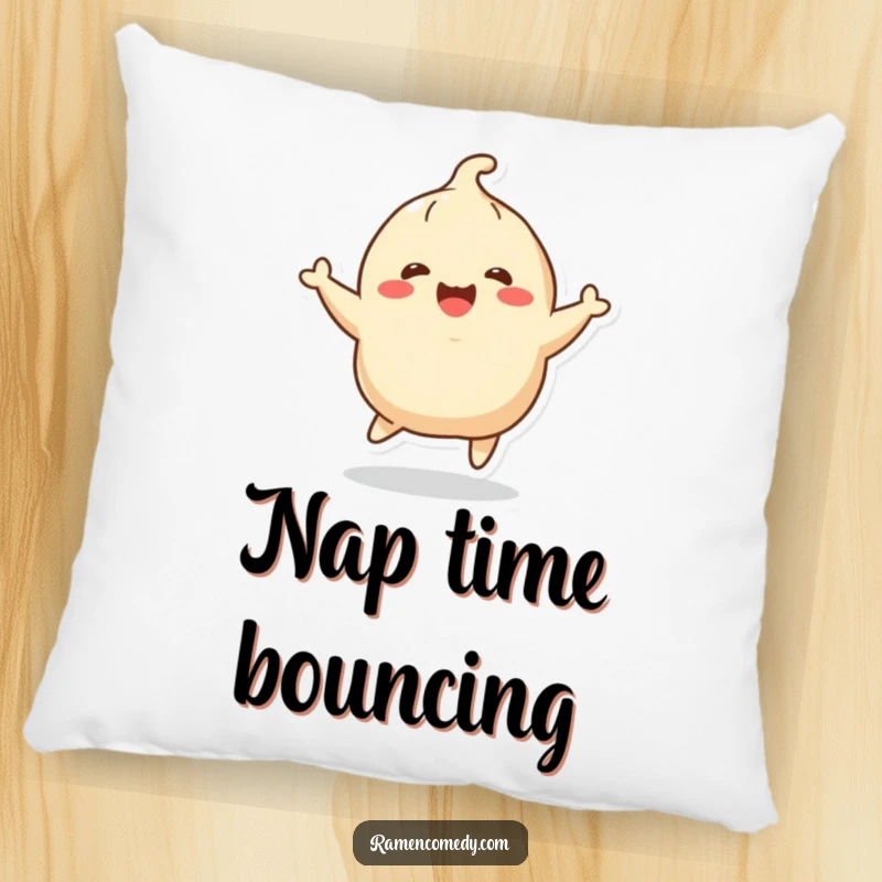 Funny cheerful dumpling character joyfully bouncing, soft pillow. Adorable funny gift for any room.