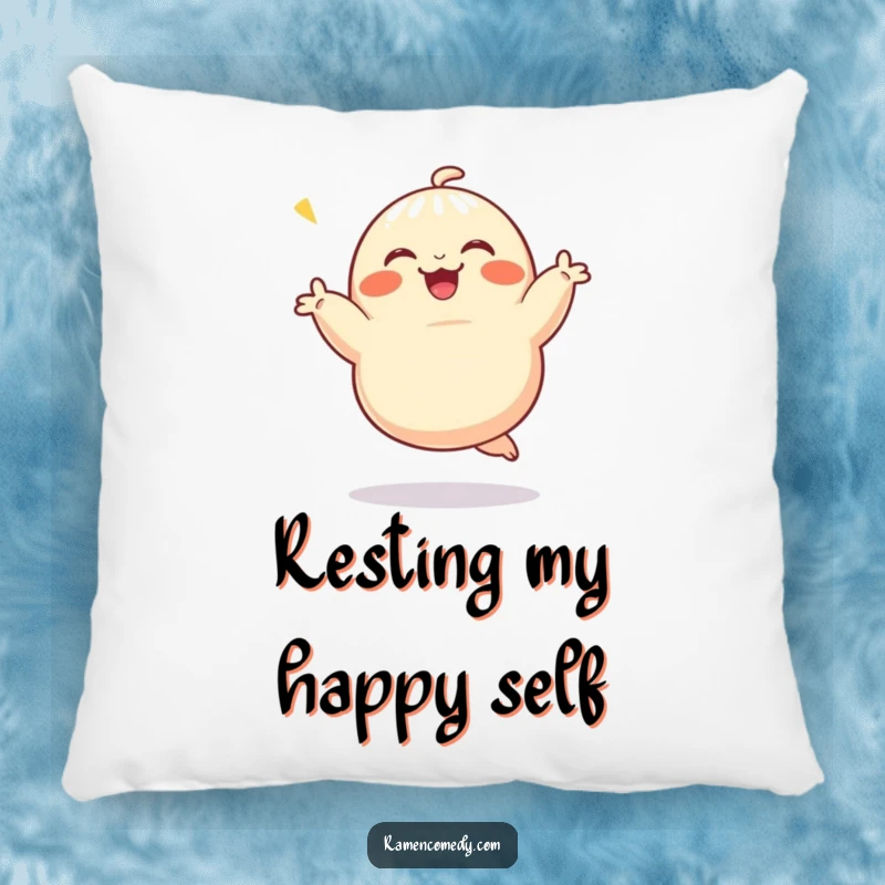 Funny Pillow adorned with a jubilant dumpling character performing a delightful dance, perfect for adding comfort and humor to seating.