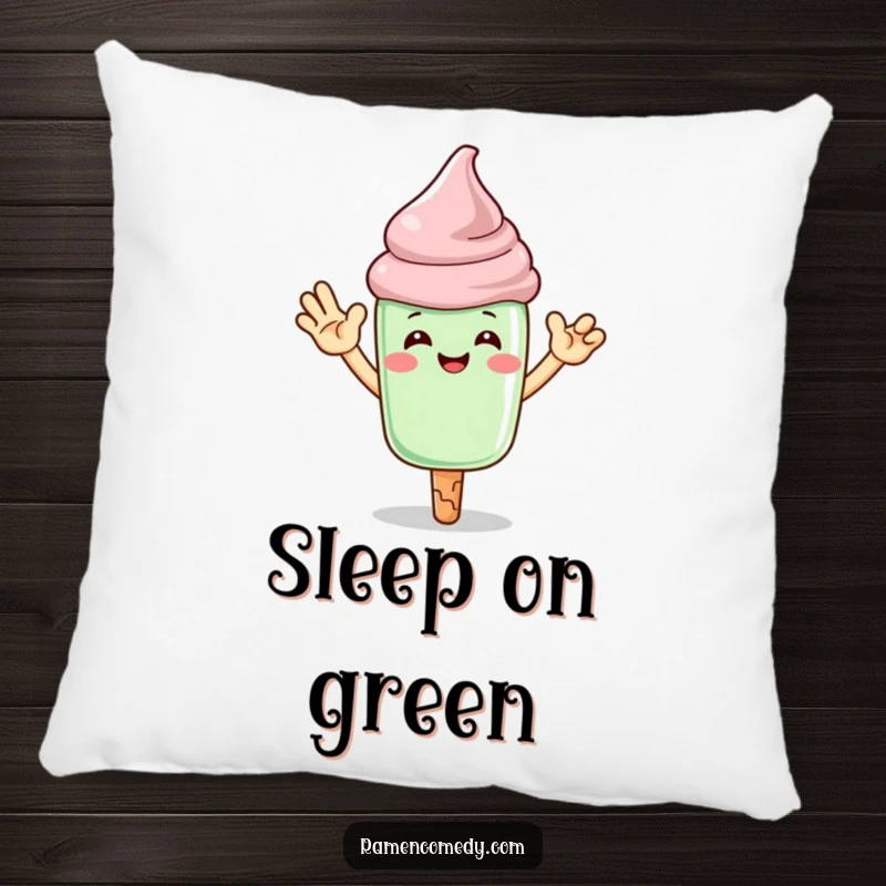 Funny matcha ice cream pillow featuring a happy character giving a high-five, adding comfort and fun.