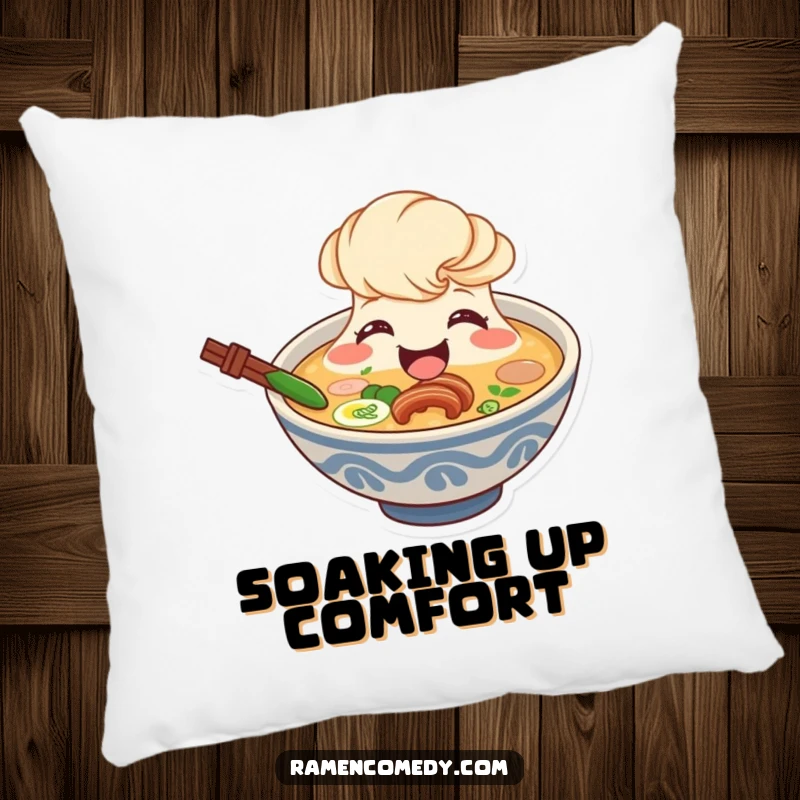 Funny ramen broth pillow, smiling character beaming from bowl, cute soup cushion.