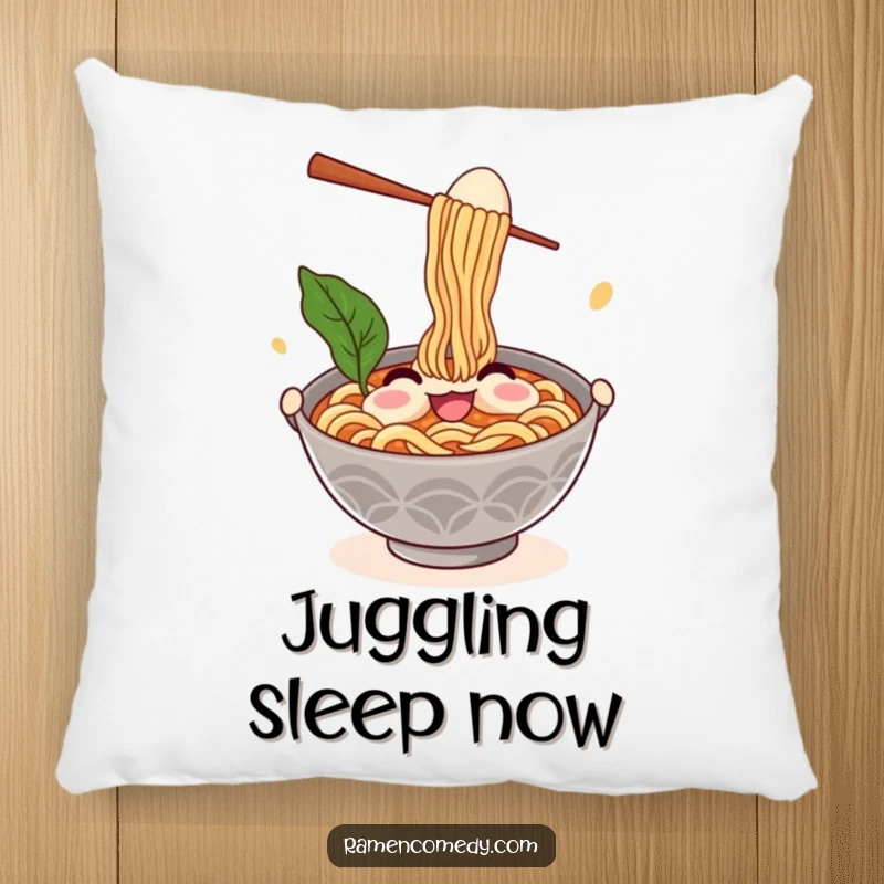 Funny ramen pillow with a smiling noodle bowl juggling chopsticks and an egg, offering comfort and a humorous touch.