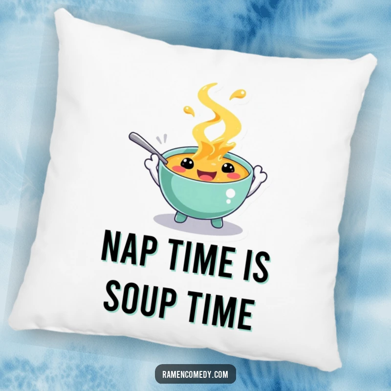 Funny decorative pillow featuring a happy soup character with spoon hands, splashing with glee. Soft and humorous home accent.