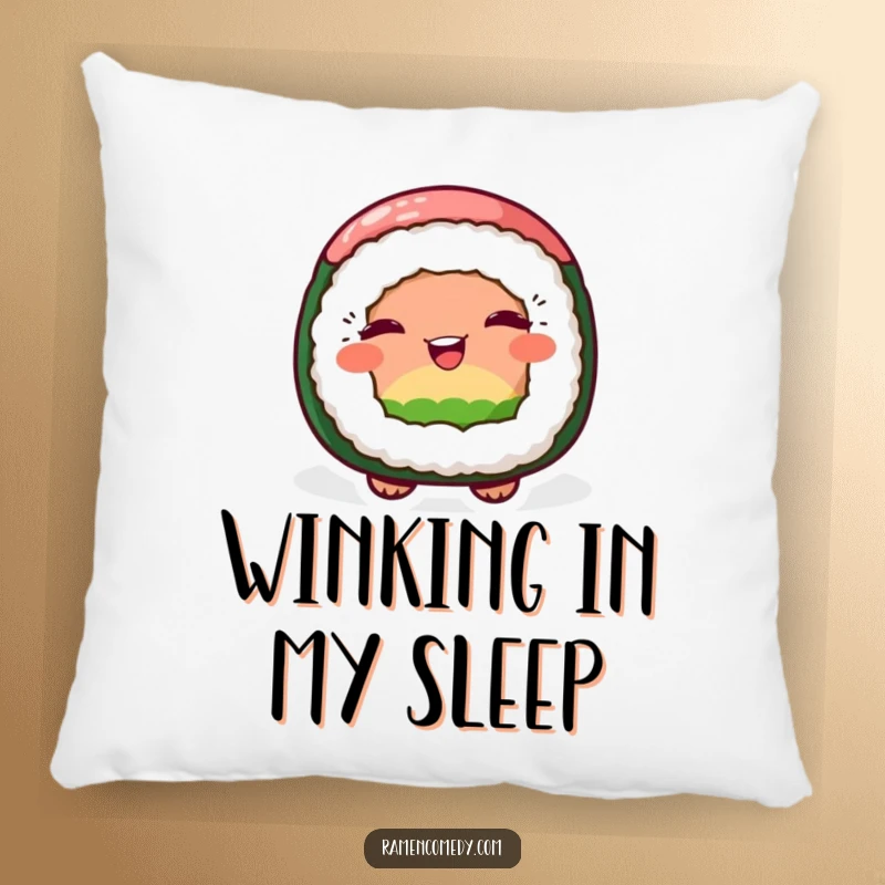 Funny pillow design of a cheerful sushi roll character winking playfully, perfect for adding comfort and humor.