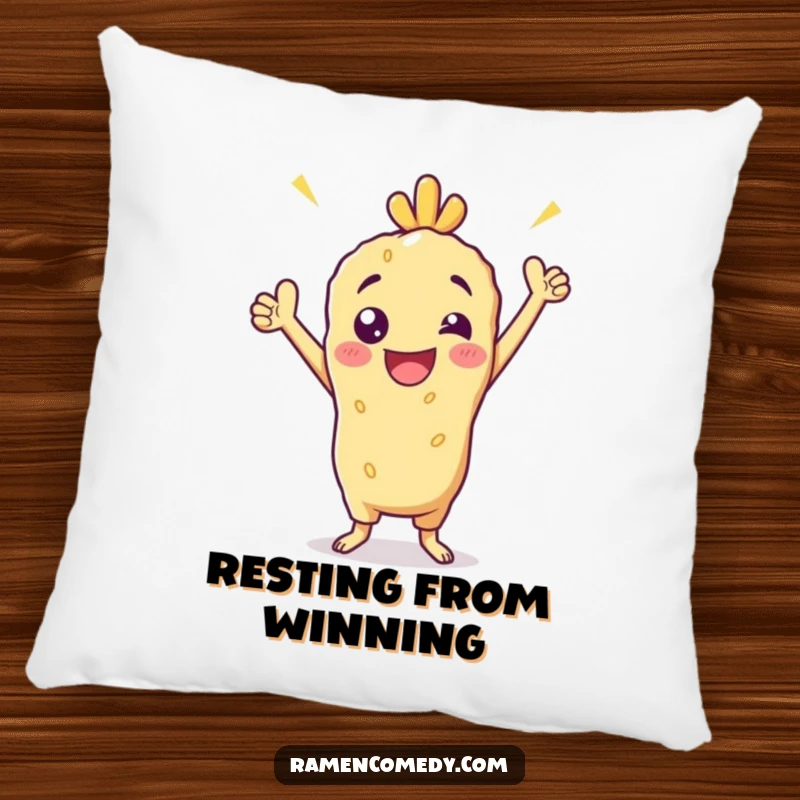 Funny Pillow showcasing a cheerful tempura character holding a victorious pose, providing comfort and a humorous nod to success.