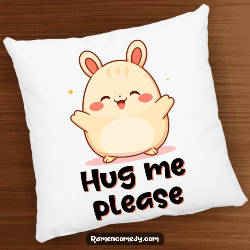 Funny happy bao bun pillow, a soft cushion showing a character offering a warm embrace, perfect for cozying up with.