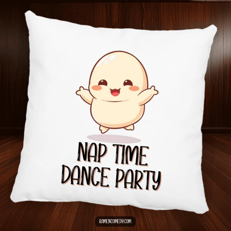 Funny pillow featuring a dancing dumpling character with tiny feet kicking joyfully, adding comfort and humor to decor.