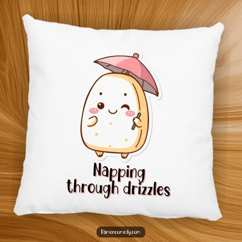 Funny onigiri pillow featuring a smiling rice ball character holding a tiny umbrella, perfect for adding comfort and humor.