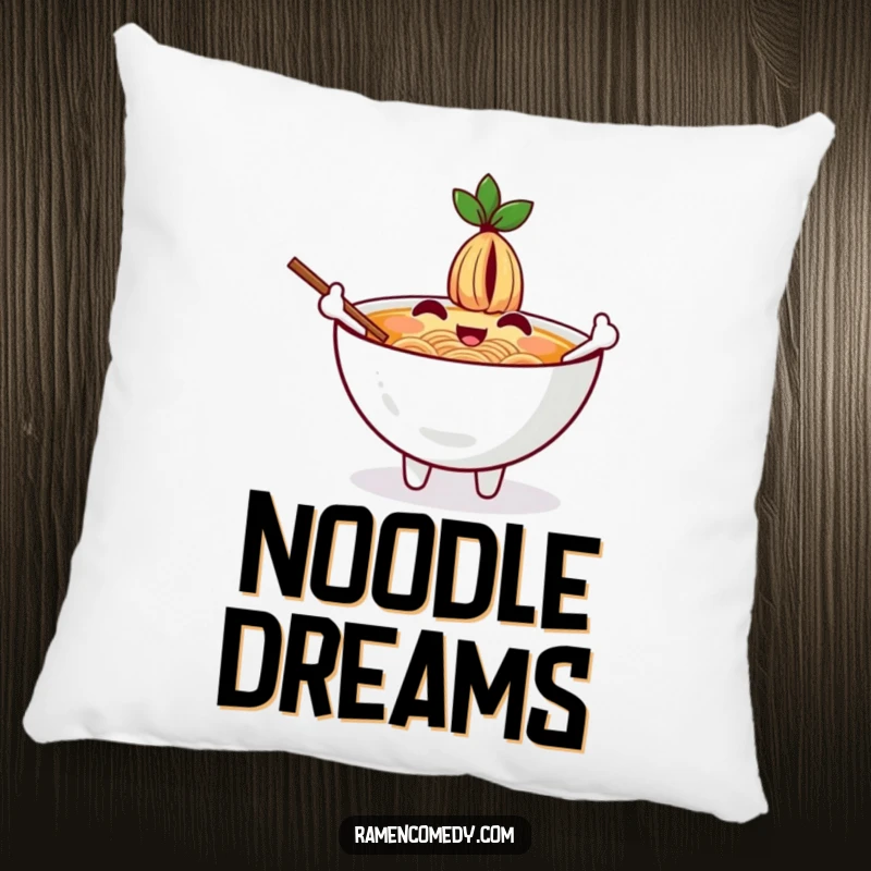 Funny pillow featuring a cheerful ramen bowl character waving with chopsticks as arms, perfect for adding comfort and cheer.