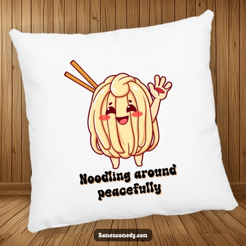 Funny pillow featuring a cheerful udon noodle character waving energetically, perfect for cozy comfort.