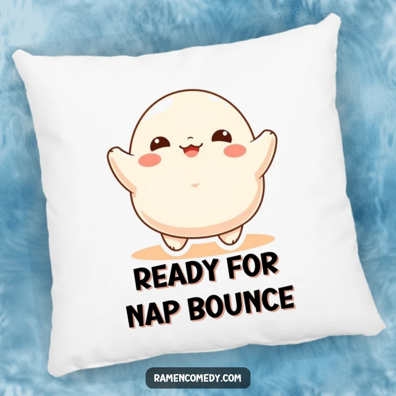 Funny Pillow featuring a plump, delighted dumpling character in a playful bounce, offering comfort and a dose of cheerful food humor.
