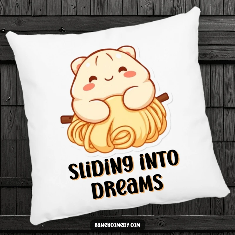 Funny dumpling pillow depicting a smiling dumpling character with rosy cheeks joyfully sliding down a noodle, perfect for naps and decor.