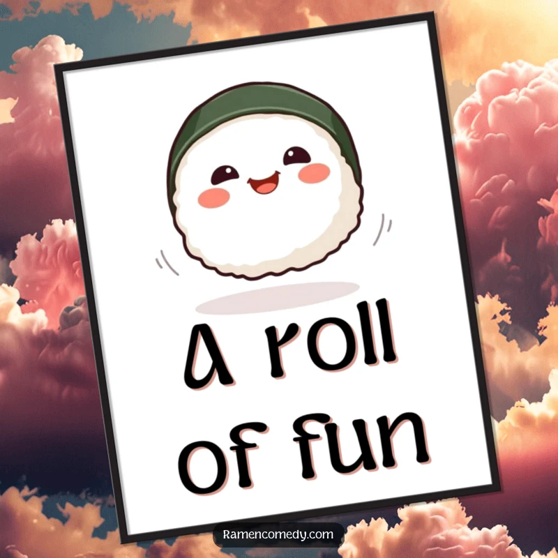 Funny smiling sushi piece performing a dynamic spin, vibrant and playful food art.