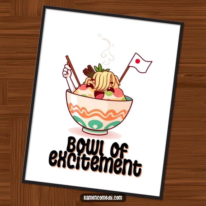 Funny ramen bowl character, steaming and waving a flag, available as a high-resolution digital art print.