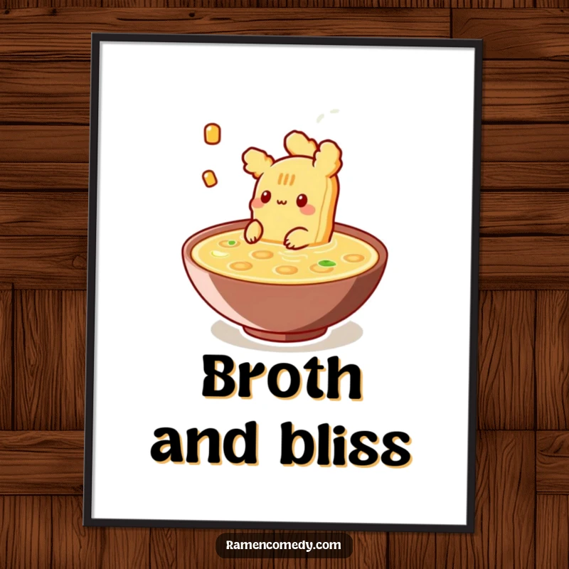 Funny Digital Art Print showcasing a piece of tempura contentedly floating in broth, perfect for instant, serene home decor.