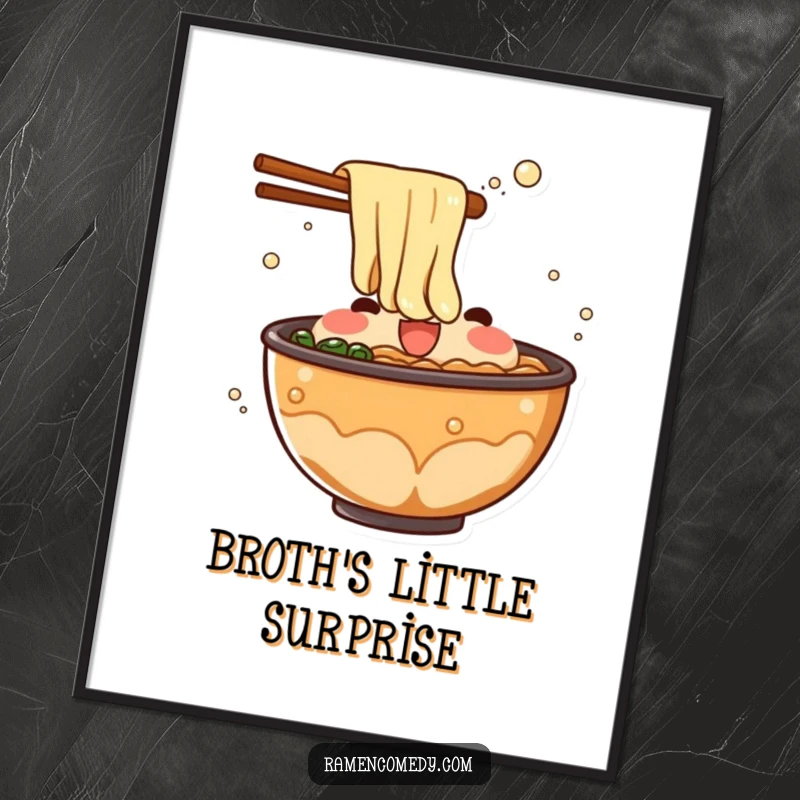 Funny ramen broth digital art print of a bubbling character mid-splash, capturing a moment of surprise and energetic fun.