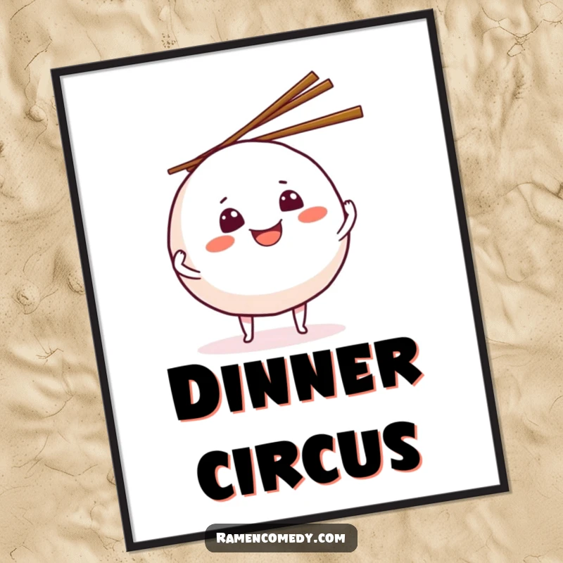 Funny grinning onigiri digital art print, a charming character juggling chopsticks, perfect for instant humorous foodie decor.