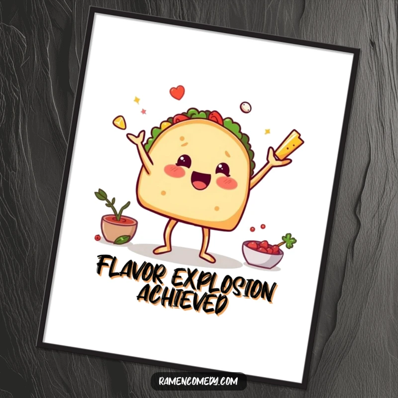 Funny digital art print showing a taco with legs energetically juggling its toppings, a humorous and colorful masterpiece.