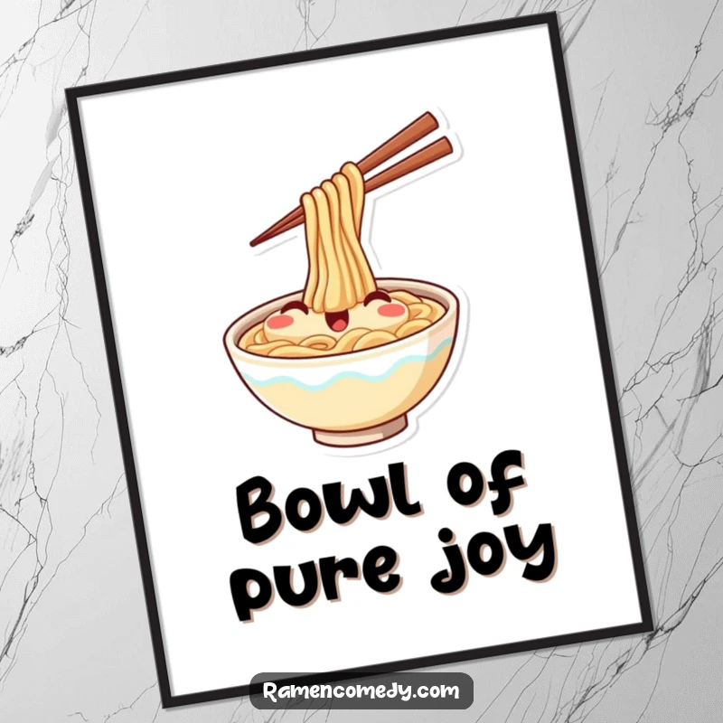 Funny digital art of a smiling ramen bowl joyfully waving with chopsticks, perfect for adding instant culinary cheer.