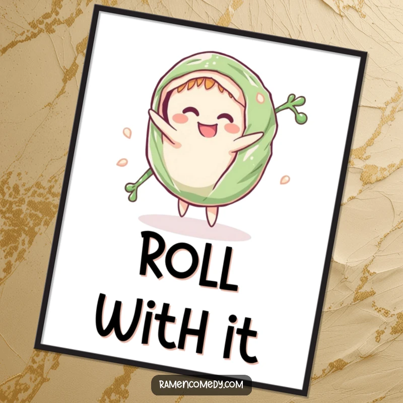 Funny Digital Art: A grinning seaweed wrap comically does a cartwheel, creating a whimsical and downloadable sushi-themed print.
