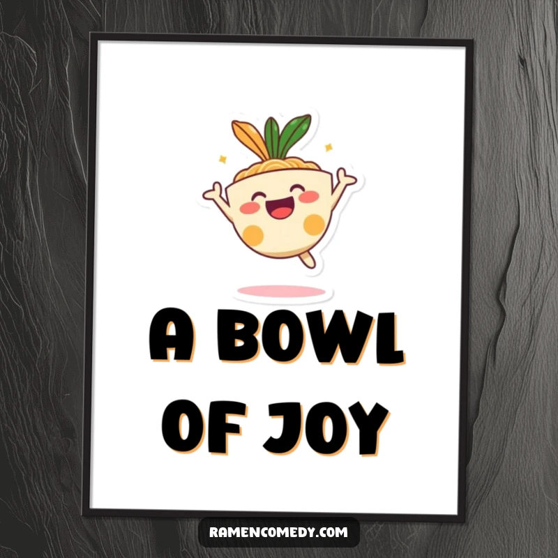 Funny happy ramen bowl character in an ecstatic jump, vibrant and cheerful food art.