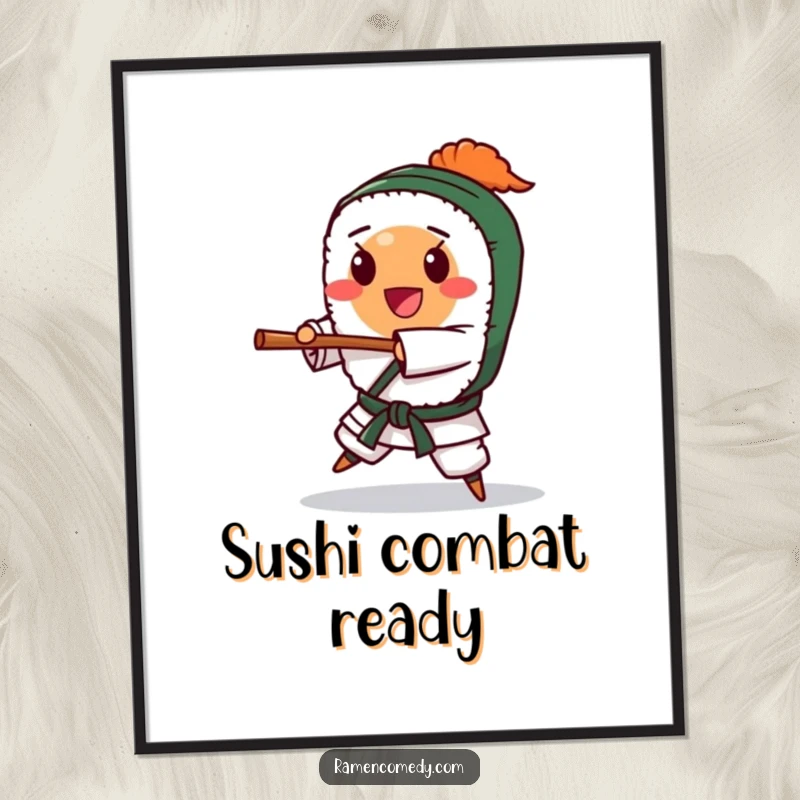 Funny happy sushi roll character performing a karate chop, digital art print for download. Expresses energy and humor, ideal funny gift.