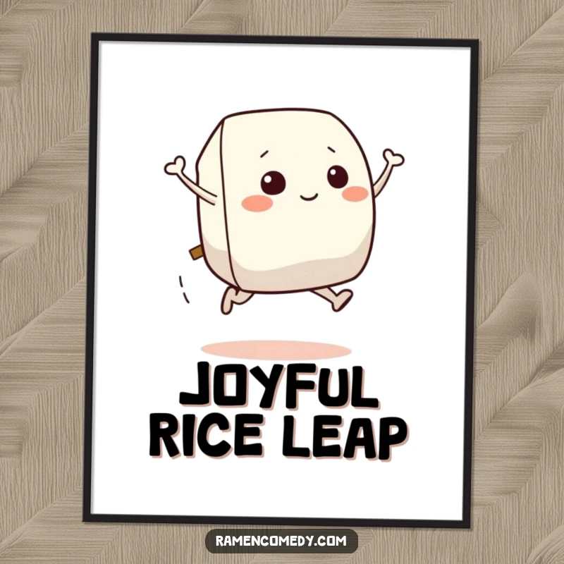 Funny digital art print of a happy onigiri character leaping energetically, a cheerful food-themed illustration.