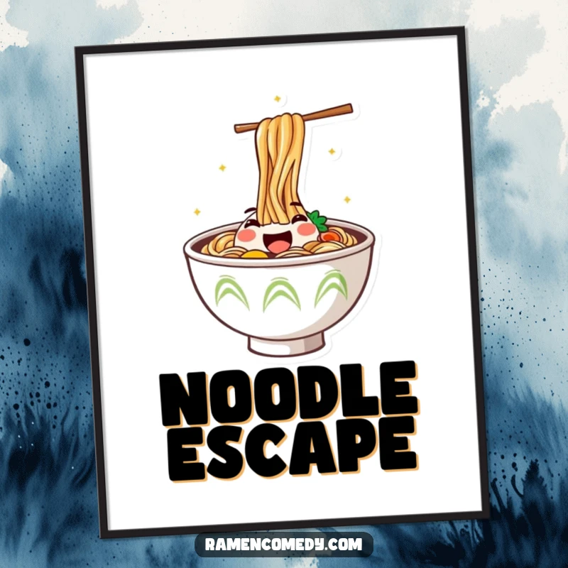 Funny Digital Art Print of a steaming ramen bowl with a joyful face jumping out, celebrating culinary delight.