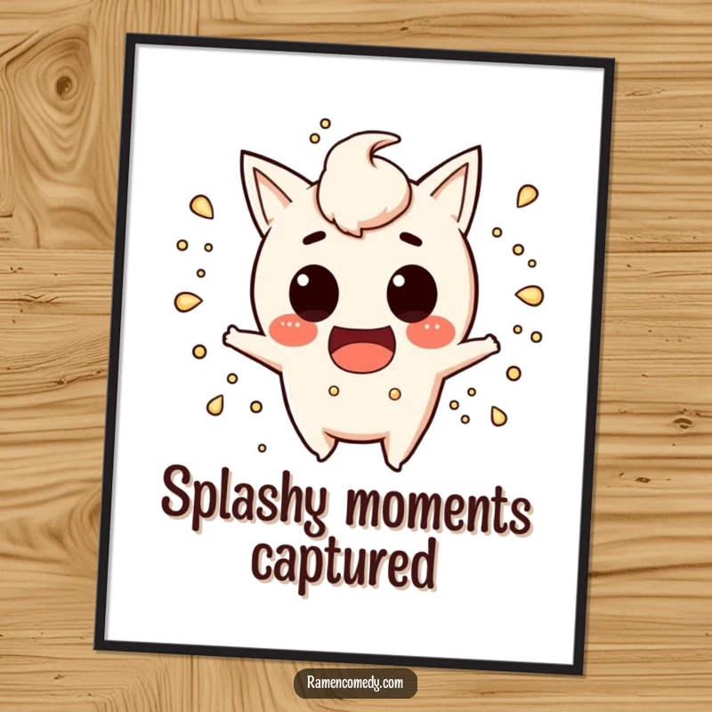 Funny miso soup digital art print of a mischievous character splashing playfully, offering instant humor and decor.