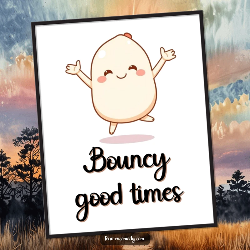 Funny mochi digital art print of a smiling character bouncing with stretchy arms, bringing instant cute humor.