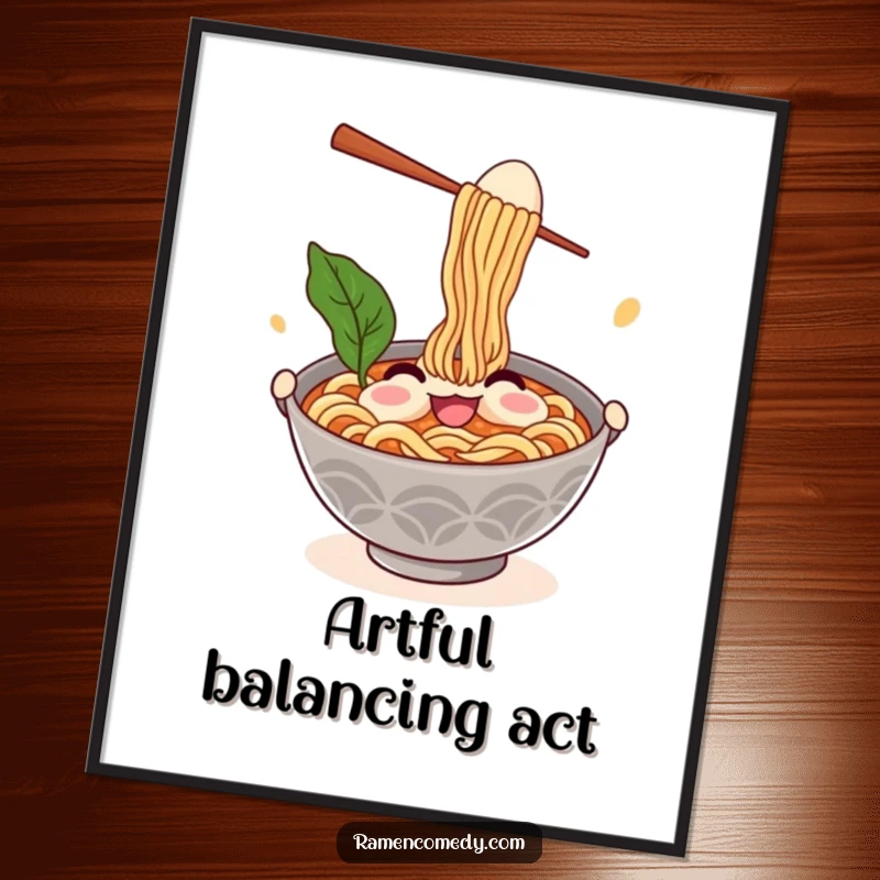 Funny ramen digital art print of a smiling noodle bowl character comically juggling chopsticks and an egg, perfect for instant decor.