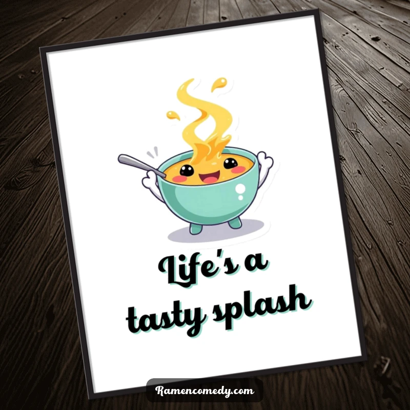 Funny digital art of a playful soup character with spoon hands, splashing gleefully. Instant downloadable wall art for a cheerful vibe.