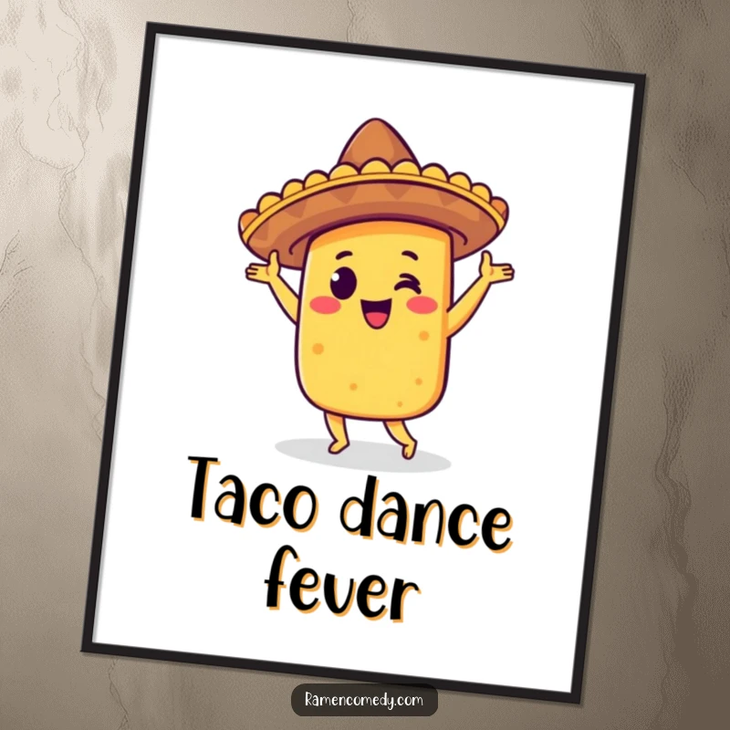 Funny taco jig digital art print of a cheerful taco wearing a sombrero, dancing with joy, ready for a fiesta.