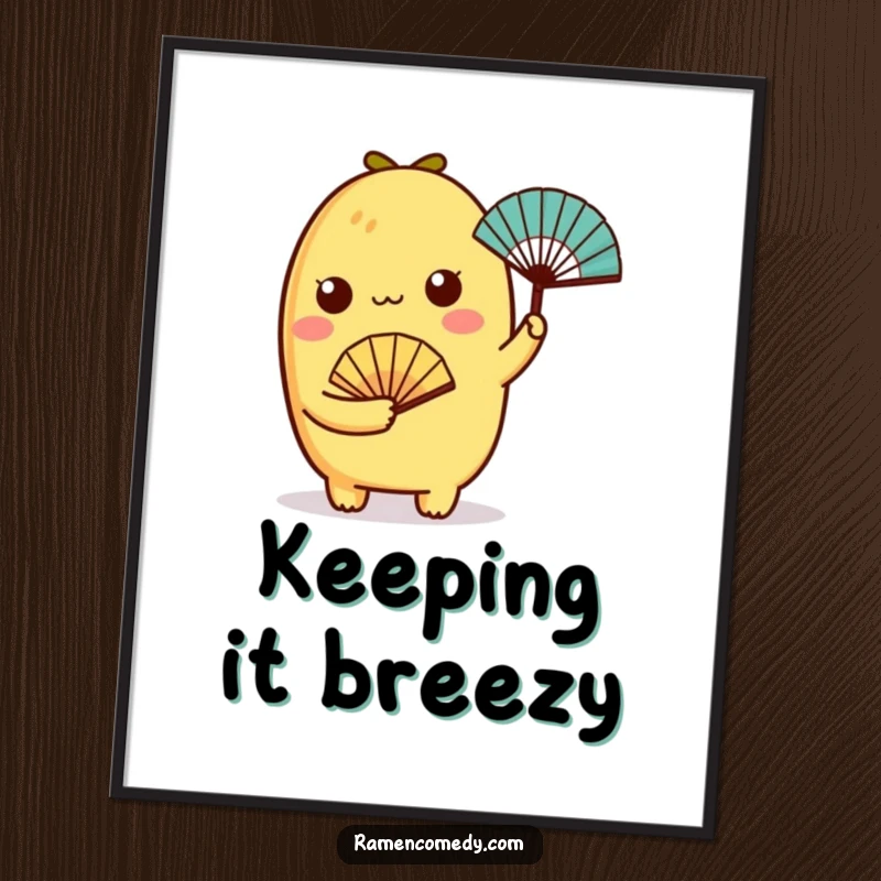 Funny tamagoyaki character holding a miniature fan on a digital art print, radiating charming appeal.