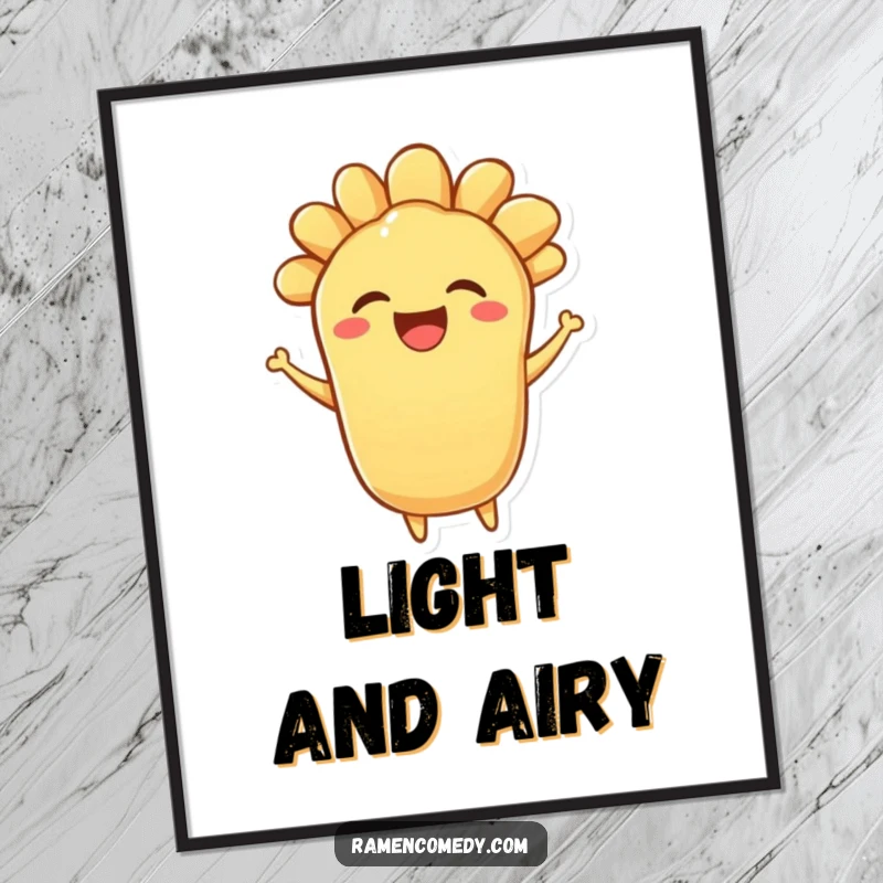 Funny digital art print of a bouncing piece of tempura character with a delighted expression, bringing instant joy.