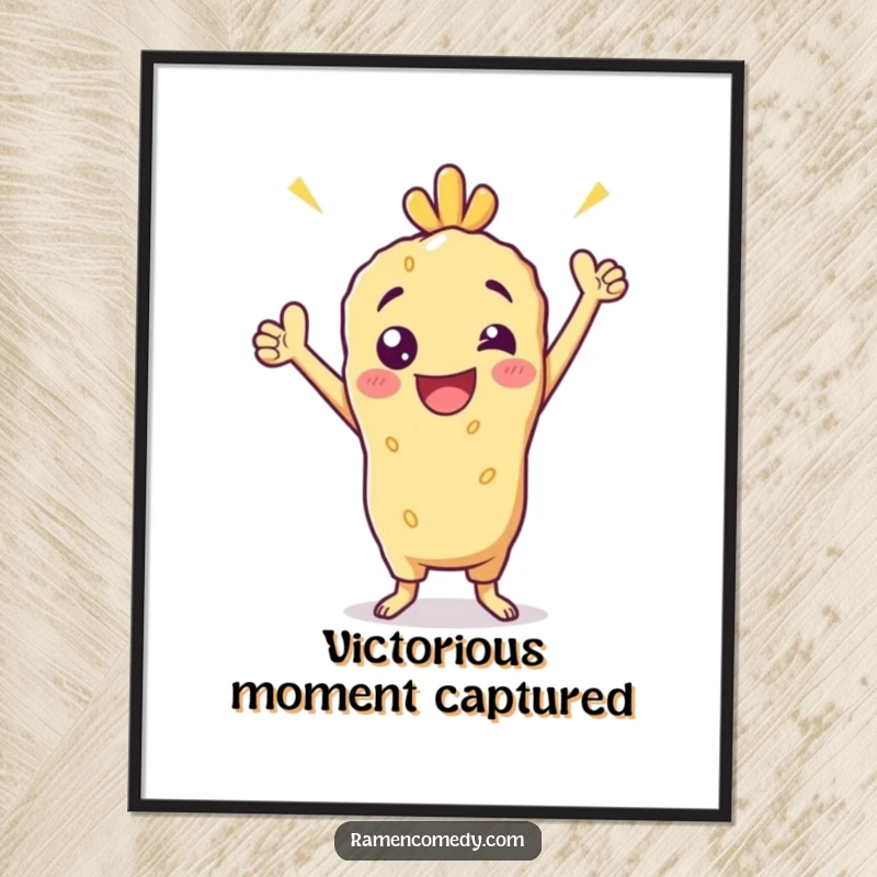 Funny Digital Art Print of a cheerful tempura character striking a victorious pose, offering instant downloadable inspiration and humor.