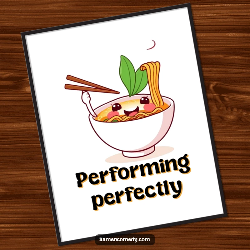 Funny digital art print of a happy ramen bowl skillfully juggling chopsticks, perfect for adding whimsical decor.