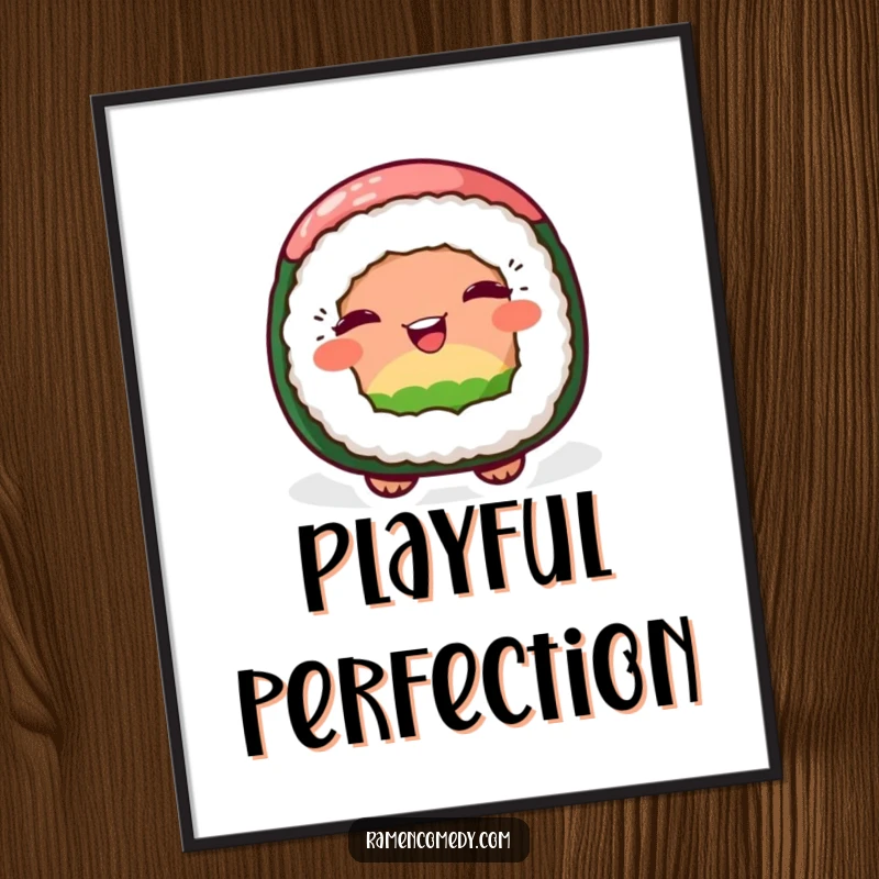 Funny digital art print of a cheerful sushi roll character giving a playful wink, perfect for whimsical decor.