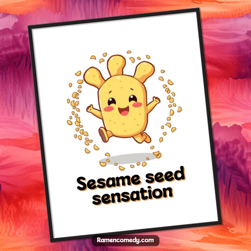 Funny tempura digital art print of a cheerful tempura character leaping through sesame seeds, perfect for instant foodie decor.