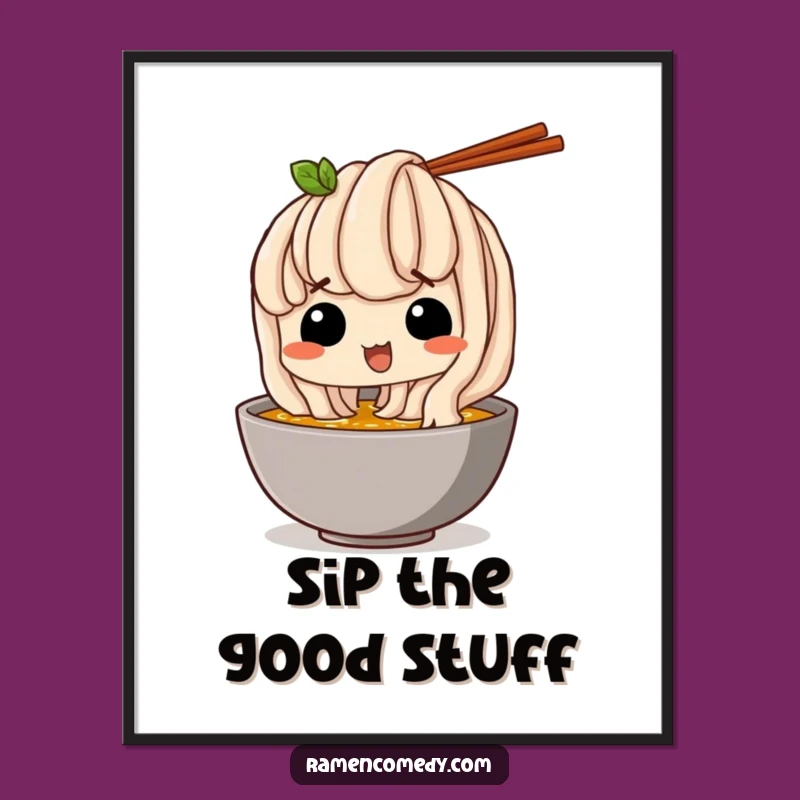 Funny Digital Art: Udon Noodle Broth Sip, Whimsical Printable Funny Gift for Instant Noodle Fun