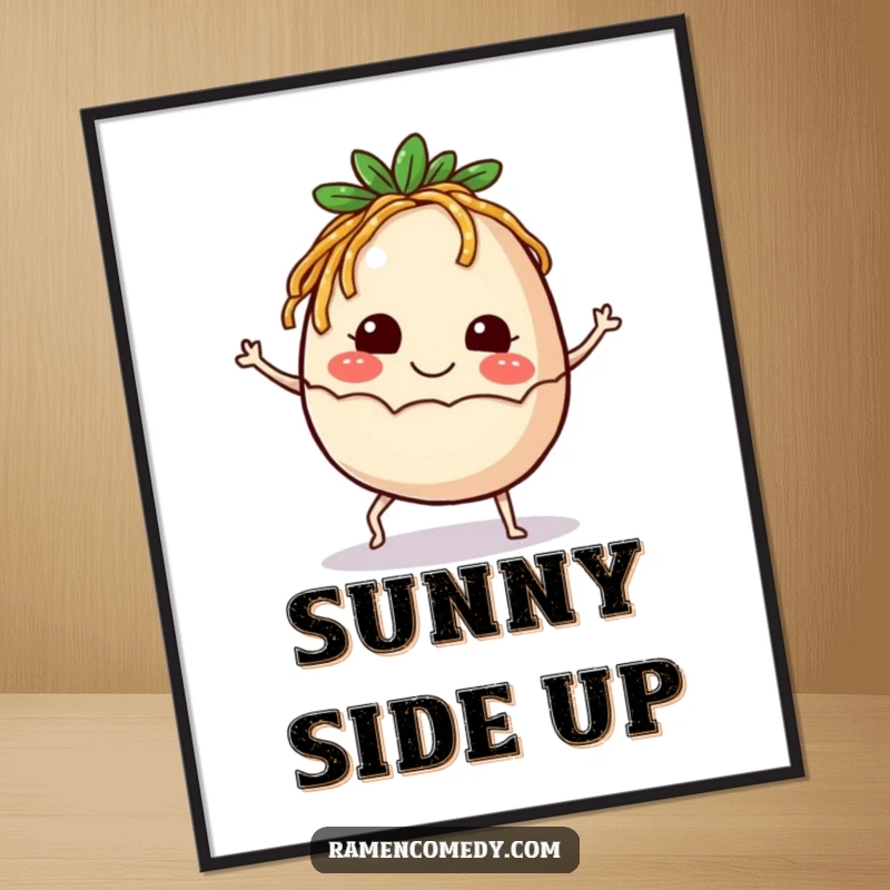 Funny Digital Art Print of a smiling ramen egg with tiny legs kicking up happily, full of playfulness.