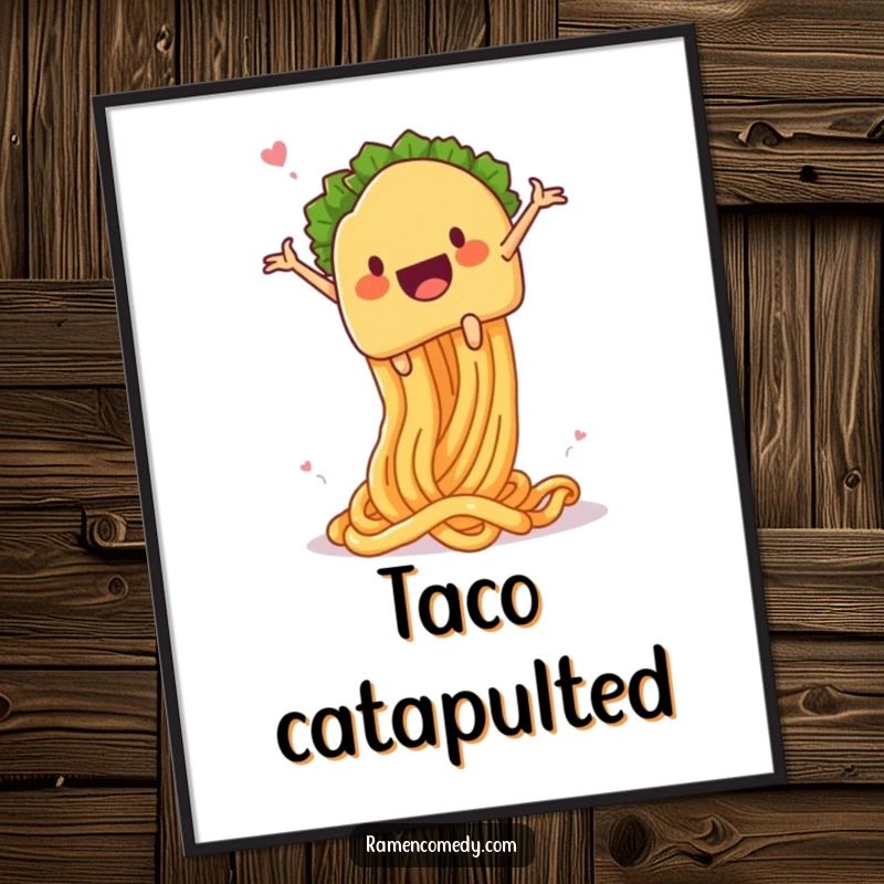 Funny taco noodle launch digital art print, a taco character gleefully launching from a giant springy noodle, ready for instant download.