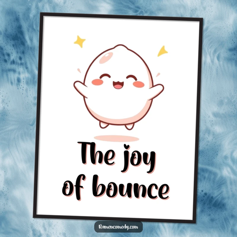 Funny mochi bounce digital art print of a cute mochi character joyfully bouncing with infectious happiness, adding cheerful vibes to any room.