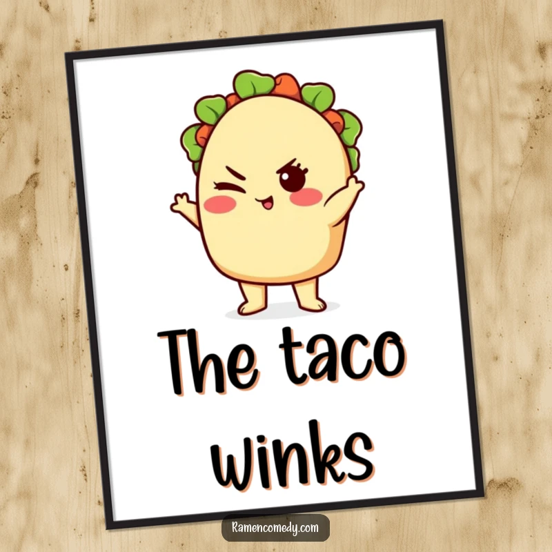 Funny cute taco character striking a confident pose with a playful wink, vibrant food art.