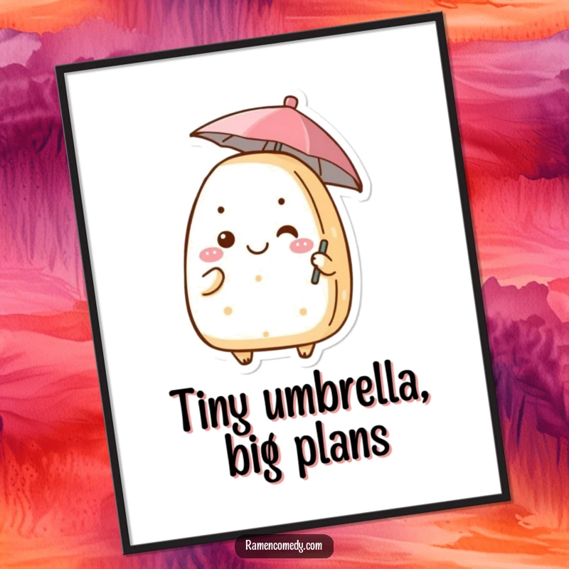 Funny onigiri digital art print of a smiling rice ball character holding a tiny umbrella, perfect for immediate download and display.