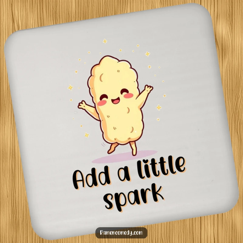 Funny dancing tempura character showering tiny sparks on a coaster. Protects surfaces with humor, perfect funny gift.