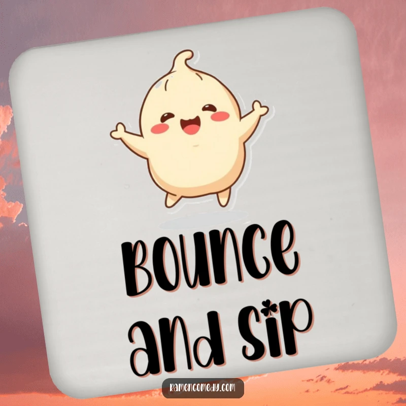 Funny cheerful dumpling character joyfully bouncing on a coaster. Protects surfaces with humor, perfect funny gift.