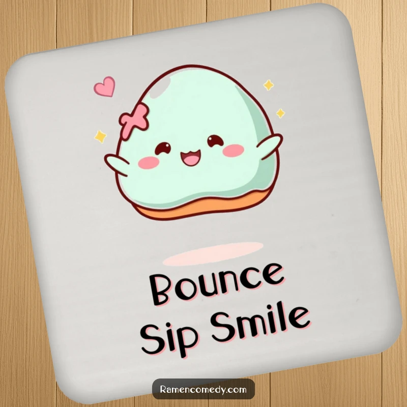 Funny Coaster: A piece of mochi comically bounces with glee, bringing sweetness and humor to your drinks.