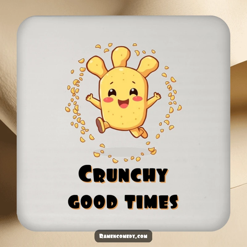 Funny tempura coasters showing a cheerful tempura character leaping through sesame seeds, protecting tables with foodie humor.
